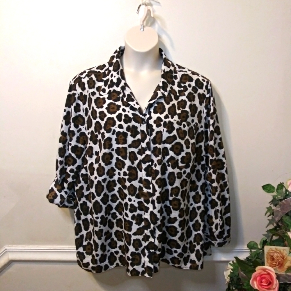 Michael Kors 3X Leopard Print Convertible Tab Sleeve Button Front Tunic Blouse - Picture 6 of 12